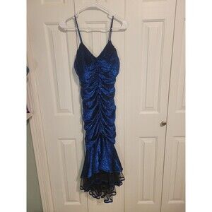 New leaf vintage party dress mermaid ruffle sequin 80s button strap ruched blue